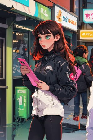 (masterpiece, best quality), award-winning, beautiful futanari, long hair, dark hair, thick eyebrows, green eyes, wearing an oversized cropped black and white sweater, tight leggings, dick bulge, bulge, standing, holding phone, looking at phone, futuristic subway alley adorned with chinese or japanese written neon signs, unique details, masterpiece, sharp focus, (penis erection), (detailed bulge),SAM YANG
