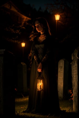 (masterpiece, best quality:1.2), full body shot, 16K, intricate details, highest resolution, perfect night time, holding a old 1800s lantern, unreal engine, detailed scene, a beautiful haunting young girl, pale skin, (extremely long black hair), hair flowing with the eerie wind, nice natural breasts, wide hips with thicker tighs, candid shot, cemetery, standing by a few tombstones, wearing a victorian black gown, choker, halloween theme,perfecteyes,SAM YANG