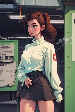 1girl, (masterpiece, best quality), award-winning, beautiful futanari, extreme long hair, brunette, thick eyebrows, green eyes, wearing an oversized cropped black and white sweater, skirt, cloth bulge, erection under clothing, erection, realistic bulge, standing, smoking a cigarette, futuristic subway alley adorned with chinese or japanese written neon signs, sharp focus,SAM YANG