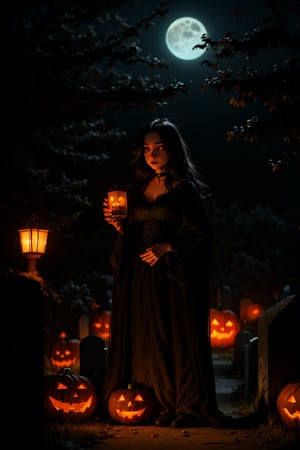 (masterpiece, best quality:1.2), full body shot, 16K, intricate details, highest resolution, holding a old 1800s lantern, unreal engine, detailed scene, a beautiful haunting young girl, pale skin, (extremely long black hair), hair flowing with the eerie wind, crows flying, nice natural breasts, wide hips with thicker tighs, candid shot, in a cemetery, at night, full moon, fog, standing by a few tombstones, wearing a victorian black gown, vampire eyes glowing, choker, halloween pumpkins decorating the path, perfecteyes,SAM YANG,perfecteyes