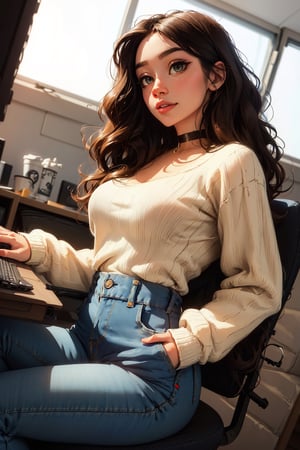 Masterpiece, eyes look away from viewer, 16k, intricate details, highest resolution, wide shot, perfect lighting, unreal engine, soft lights, detailed scene, happy, most beautiful girl, very long dark hair and wavy low top, nice breasts, wide hips, thick tighs, wide shot, gamer bedroom, sitting by the computer, desktop,cropped sweater, choker, high-waist jeans, hands in pocket, pocketed hands, SAM YANG, Detailedface, Detailedeyes, perfecteyes,Detailedface