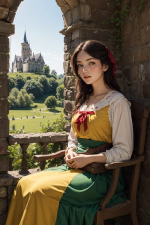 masterpiece, a 12th century french country girl sits by the castle walls, sewing a heraldry flag on her lap, long dark hair tied back with a red kerchief, she wears a 11th century peasant style dress and she has vibrant green eyes and perfect features, perfect pale skin, most beautiful, like a bouguereau painting, beyond the castle is a rustic estate of farmhouses and a green scenery, golden sunlight, perfect lighting