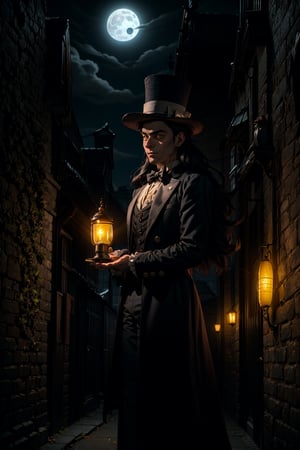 masterpiece, 16K, intricate details, highest resolution, holding an old 18th century lantern, unreal engine, detailed scene, a haunting skinny guy, pale skin, (extremely long black hair), wearing a top hat, crows flying, wearing a all black outfit from the 1800s, 18th century all black attire, top hat, black top hat, candid shot, in 18th century Londonian alley, London alley, gothic, at night, full moon, fog, holding a 18th century lantern, halloween pumpkins decorating the path