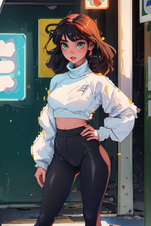 (masterpiece, best quality), award-winning, beautiful futanari, long hair, dark hair, thick eyebrows, green eyes, wearing an oversized cropped black and white sweater, tight leggings with a crotch bulge, vpl, bulge, standing, holding phone or looking at phone, futuristic subway alley adorned with chinese or japanese written neon signs, unique details, masterpiece, sharp focus, (penis erection), (detailed bulge),SAM YANG,bulge,VPL