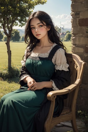 Masterpiece. A 11th century French country girl sits by the castle walls. She has long black hair flowing in the wind. She wears a 11th century nobility style dress and she has vibrant green eyes and perfect features. Perfect skin. Very beautiful. Like a Bouguereau painting. She is sewing a heraldry flag, which she holds in her lap. Beyond the castle walls, behind the girl is a vast green pasture land with rustic farmhouses and a wind mill. Golden sunlight suffuses the scene