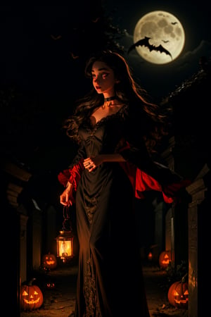 (masterpiece, best quality:1.2), full body shot, 16K, intricate details, highest resolution, holding a old 1800s lantern, unreal engine, detailed scene, a beautiful haunting young girl, pale skin, (extremely long black hair), hair flowing with the eerie wind, crows flying, nice natural breasts, wide hips with thicker tighs, candid shot, in a cemetery, at night, full moon, fog, standing by a few tombstones, wearing a victorian black gown, vampire eyes glowing, choker, halloween pumpkins decorating the path, perfecteyes,SAM YANG,perfecteyes