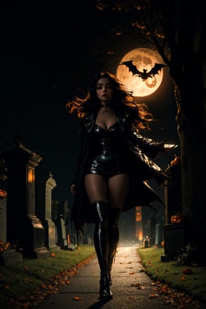 (masterpiece, best quality:1.2), full body shot, 16K, intricate details, highest resolution, holding a old 1800s lantern, unreal engine, detailed scene, a beautiful haunting young girl, pale skin, (extremely long black hair), hair flowing with the eerie wind, crows flying, nice natural breasts, wide hips with thicker tighs, candid shot, in a cemetery, at night, full moon, fog, standing by a few tombstones, wearing a latex outfit, gothic boots, black leather coat, underworld, vampire outfit, choker, halloween pumpkins decorating the path, perfecteyes,SAM YANG,perfecteyes