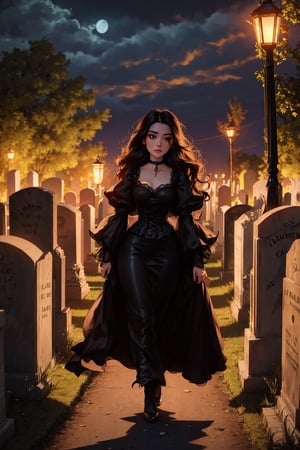 (masterpiece, best quality:1.2), full body shot, 16K, intricate details, highest resolution, perfect night time, iluminated by the victorian lantern, unreal engine, detailed scene, a beautiful haunting young girl, pale skin, (extremely long black hair), hair flowing with the eerie wind, nice natural breasts, wide hips with thicker tighs, candid shot, cemetery, standing by a few tombstones, wearing a victorian black gown, choker, walking while holding a old 1800s lantern as she walks by, halloween, SAM YANG, Detailedface, Detailedeyes, perfecteyes,Detailedface,SAM YANG,Detailedeyes