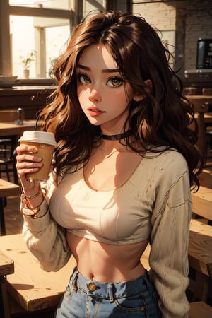 Masterpiece, eyes look away from viewer, 16k, intricate details, highest resolution, wide shot, day time, perfect lighting, unreal engine, colorful, elaborate and detailed scene, perfect pose, happy, playful, most beautiful girl, very long dark hair and wavy low top, nice breasts, wide hips, thick tighs, wide shot, fries, foam cup of coffee, cafe bokeh background, cropped sweater, sports bra, choker, high-waist jeans, SAM YANG, Detailed face