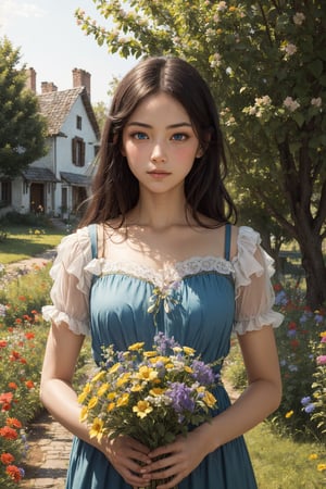 Masterpiece. A 19th century French country girl stands in a pastoral scene. She has dark hair held back by a red kerchief. She wears a 19th century peasant style dress and she has vibrant blue eyes and perfect features. Perfect skin. Very beautiful. Like a Bouguereau painting. She is holding a bouquet of wildflowers in her hands, which she holds in front of her body. Behind the girl is a tree lined lane and beyond the trees is a rustic farmhouse. Golden sunlight suffuses the scene.