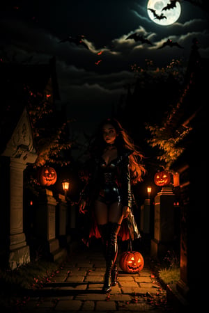 (masterpiece, best quality:1.2), full body shot, 16K, intricate details, highest resolution, holding a old 1800s lantern, unreal engine, detailed scene, a beautiful haunting young girl, pale skin, (extremely long black hair), hair flowing with the eerie wind, crows flying, nice natural breasts, wide hips with thicker tighs, candid shot, in a cemetery, at night, full moon, fog, standing by a few tombstones, wearing a latex outfit, gothic boots, black leather coat, underworld, vampire outfit, choker, halloween pumpkins decorating the path, perfecteyes,SAM YANG,perfecteyes