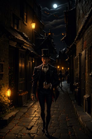 masterpiece, 16K, intricate details, highest resolution, holding an old 18th century lantern, unreal engine, detailed scene, a haunting skinny guy, pale skin, (extremely long black hair), wearing a top hat, crows flying, wearing a all black outfit from the 1800s, 18th century all black attire, top hat, black top hat, candid shot, in 18th century Londonian alley, London alley, gothic, at night, full moon, fog, holding a 18th century lantern, halloween pumpkins decorating the path,SAM YANG