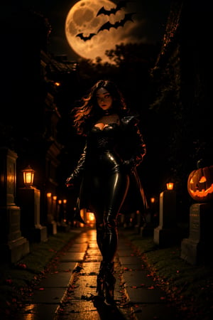 (masterpiece, best quality:1.2), full body shot, 16K, intricate details, highest resolution, perfect night time, holding a old 1800s lantern, unreal engine, detailed scene, a beautiful haunting young girl, pale skin, (extremely long black hair), hair flowing with the eerie wind, crows flying, nice natural breasts, wide hips with thicker tighs, candid shot, in a cemetery, at night, full moon, fog, standing by a few tombstones, wearing a latex outfit, gothic boots, black leather coat, underworld, vampire outfit, choker, halloween pumpkins decorating the path, halloween pumpkins on the floor, perfecteyes,SAM YANG,perfecteyes