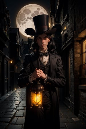 masterpiece, 16K, intricate details, highest resolution, holding an old 18th century lantern, unreal engine, detailed scene, a haunting skinny guy, pale skin, (extremely long black hair), wearing a top hat, crows flying, wearing a all black outfit from the 1800s, 18th century all black attire, top hat, black top hat, candid shot, in 18th century Londonian alley, London alley, gothic, at night, full moon, fog, holding a 18th century lantern, halloween pumpkins decorating the path