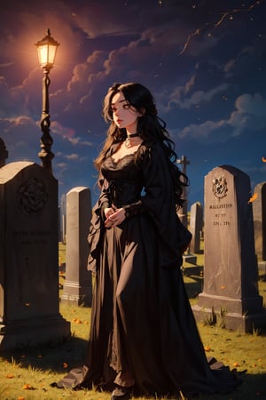 (masterpiece, best quality:1.2), full body shot, 16K, intricate details, highest resolution, perfect night time, holding a old 1800s lantern, unreal engine, detailed scene, a beautiful haunting young girl, pale skin, (extremely long black hair), hair flowing with the eerie wind, nice natural breasts, wide hips with thicker tighs, candid shot, cemetery, standing by a few tombstones, wearing a victorian black gown, choker, halloween theme, SAM YANG, Detailedface, Detailedeyes, perfecteyes,Detailedface,SAM YANG,Detailedeyes,Nighttime,Night