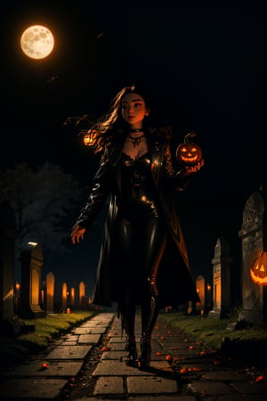 (masterpiece, best quality:1.2), full body shot, 16K, intricate details, highest resolution, perfect night time, holding a old 1800s lantern, unreal engine, detailed scene, a beautiful haunting young girl, pale skin, (extremely long black hair), hair flowing with the eerie wind, crows flying, nice natural breasts, wide hips with thicker tighs, candid shot, in a cemetery, at night, full moon, fog, standing by a few tombstones, wearing a latex outfit, gothic boots, black leather coat, underworld, vampire outfit, choker, halloween pumpkins decorating the path, halloween pumpkins on the floor, perfecteyes,SAM YANG,perfecteyes