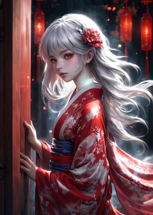 ((Little Ghost:1.5) wears a kimono stained red with blood),((ultra-fine HDR)),extremely delicated and beautiful,score_9,score_8_up,score_7_up,realistic,hyper realism,translucent_body,silve hair,