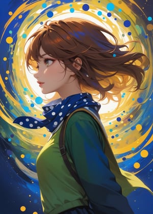 An abstract, colorful anime-style illustration of a girl in a school uniform. Her (silhouette:1.2) is composed of dynamic, Polka dots swirling patterns look like a scarf and vibrant circles., multi-colored design of the girl,
(ultra-fine HDR),extremely delicated and beautiful,8K,
 bold brushstrokes and a vibrant color palette consisting of super artist (a warm reddish-brown, versatile and rich), Cadmium Yellow (vibrant highlights), Ultramarine Blue (for depth and shadows), and Sap Green (a deep, earthy green), accented with touches of white and black. 