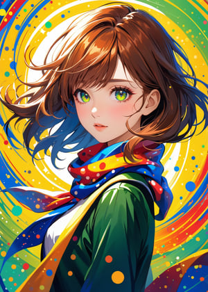 An abstract, colorful anime-style illustration of a girl in a school uniform. Her (silhouette:1.2) is composed of dynamic, Polka dots swirling patterns look like a scarf and vibrant circles. The background is a solid, bright yellow, creating a striking contrast with the intricate, multi-colored design of the girl,
(ultra-fine HDR),extremely delicated and beautiful,8K,
 bold brushstrokes and a vibrant color palette consisting of super artist (a warm reddish-brown, versatile and rich), Cadmium Yellow (vibrant highlights), Ultramarine Blue (for depth and shadows), and Sap Green (a deep, earthy green), accented with touches of white and black. 