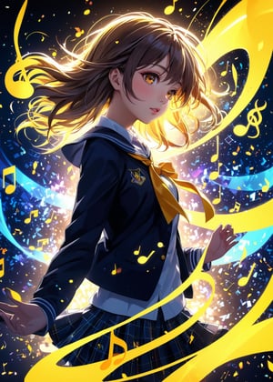 colorful anime-style illustration of a girl in a school uniform. Her (silhouette:1.2) is playing music, the music colored notes patterns are drifting in the air. The background is a solid, bright yellow, creating a striking contrast with the intricate, multi-colored design of the girl,
(ultra-fine HDR),extremely delicated and beautiful,8K,Anime style