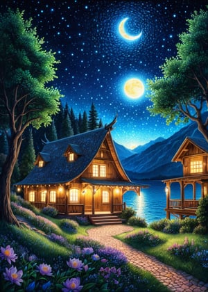 Colored pencils drawings style,(sacred night),(ultra-fine Pointillism),extremely delicated and beautiful,8K,