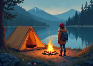 1girl  is wearing camping gear,illustration style,Camping,lakeside,extreamly delicate and beautiful,side Small_cozy bonfire on the ground,behind tent on the another ground,8K,(realistic:0.5),