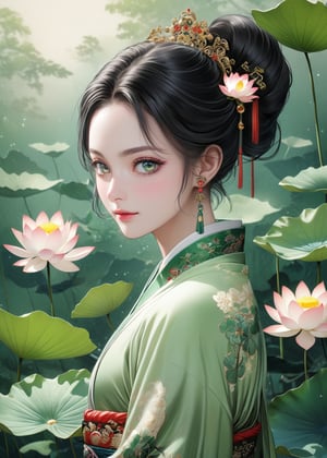 (ancient traditional Chinese lady),(ultra-fine Pale green pointillism),lacquerwork,fusuma picture,extremely delicated and beautiful,8K,faint smile,Matte color,(illustration Style),(beautiful detailed eyes:1.2),Lotus flowers,an indescribable atmosphere,super model,(realistic:1.2),