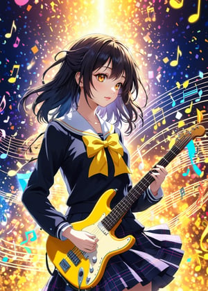 colorful anime-style illustration of a girl in a school uniform. Her (silhouette:1.3) is playing music, the music colored notes patterns are drifting in the air. The background is a solid, bright yellow, creating a striking contrast with the intricate, multi-colored design of the girl,
(ultra-fine HDR),extremely delicated and beautiful,8K,Anime style