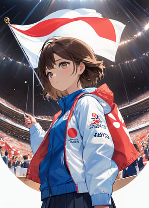 detailed illustration, dynamic angle, ultra-detailed, illustration, 1girl, Japan flag, white and blue jacket, medium, Olympic Awards Ceremony, olympic competition, black-brown eyes, bright eyes, podium, 