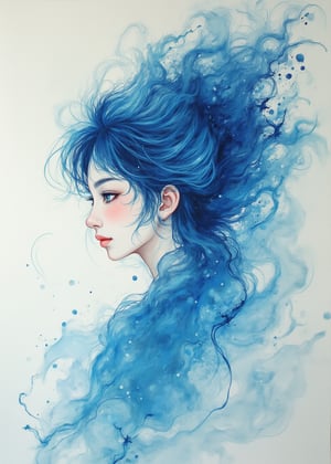 (girl:0.7),calligraphy whirlwind,(ultra-fine deep ultramarine water color painting),extremely delicated and beautiful,8K,(illustration Style),lacquerwork,