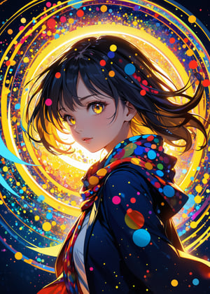 An abstract, colorful anime-style illustration of a girl in a school uniform. Her (silhouette:1.2) is composed of dynamic, Polka dots swirling patterns look like a scarf and vibrant circles. The background is a solid, bright yellow, creating a striking contrast with the intricate, multi-colored design of the girl,
(ultra-fine HDR),extremely delicated and beautiful,8K,