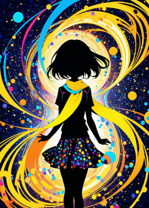 An abstract, colorful anime-style illustration of a girl in a school uniform. Her (silhouette:1.2) is composed of dynamic, Polka dots swirling patterns look like a scarf and vibrant circles. The background is a solid, bright yellow, creating a striking contrast with the intricate, multi-colored design of the girl,
(ultra-fine HDR),extremely delicated and beautiful,8K,