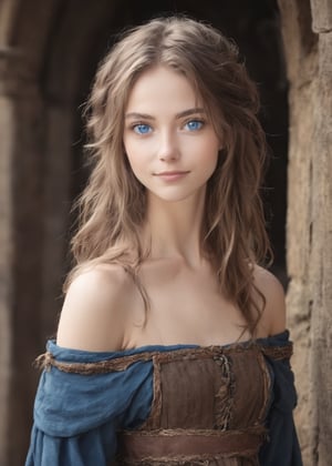 sacred 20-year-old lady, bare to the waist, model face, blue eyes, bare shoulders, brown disheveled hair, medieval clothes, worn clothes, rustic background.,extremely delicated and beautiful,8K,faint smile,