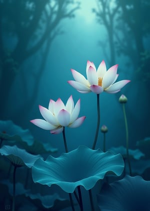 (ancient Lotus Pond),(ultra-fine deep marine blue HDR),lacquerwork,fusuma picture,extremely delicated and beautiful,8K,Matte color,(illustration Style),Lotus flowers,an indescribable atmosphere,A hazy and mysterious atmosphere,