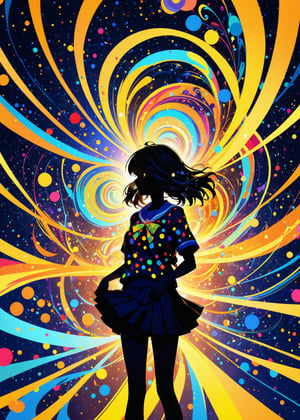 An abstract, colorful anime-style illustration of a girl in a school uniform. Her (silhouette:1.5) is composed of dynamic, Polka dots swirling patterns and vibrant circles. The background is a solid, bright yellow, creating a striking contrast with the intricate, multi-colored design of the girl,
(ultra-fine HDR),extremely delicated and beautiful,8K,