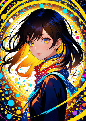 An abstract, colorful anime-style illustration of a girl in a school uniform. Her (silhouette:1.2) is composed of dynamic, Polka dots swirling patterns look like a scarf and vibrant circles. The background is a solid, bright yellow, creating a striking contrast with the intricate, multi-colored design of the girl,
(ultra-fine HDR),extremely delicated and beautiful,8K,