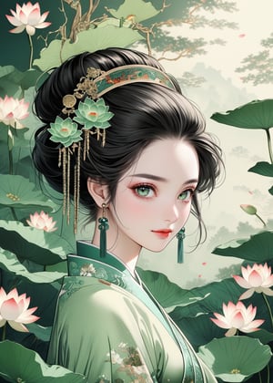 (ancient traditional Chinese lady),(ultra-fine Pale green pointillism),lacquerwork,fusuma picture,extremely delicated and beautiful,8K,faint smile,Matte color,(illustration Style),(beautiful detailed eyes:1.2),Lotus flowers,an indescribable atmosphere,super model,