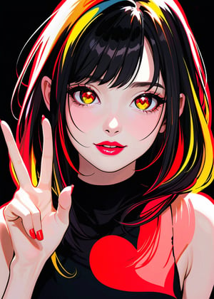 Pop-art style girl making a peace sign, with glowing heart-shaped eyes. The artwork features bold outlines and flat, bright colors, focusing on red, yellow, and black for a clean and modern look.,extremely delicated and beautiful,Double Exposure,water colors,