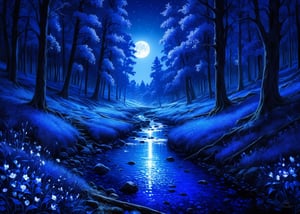 (sacred moonlight Forest and stream),(ultra-fine deep ultramarine HDR),extremely delicated and beautiful,8K,(deep ultramarine painting:1.2),(Pointillism),