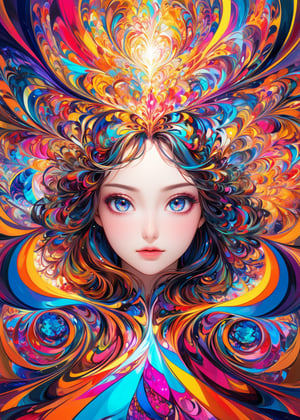 (Anime artwork depicting a girl's face within a vivid and abstract collage of colors and patterns). (The composition includes variety of fractal curvy patterns), all in bright and contrasting colors, extreamly delicated and beautiful,8K,ultra-fine HDR,an indescribable atmosphere,