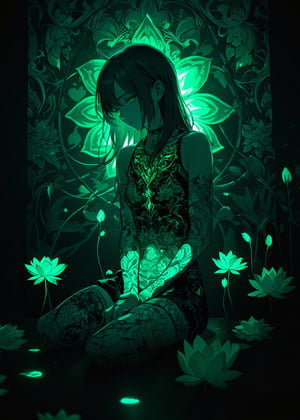 high-contrast shoujo manga image featuring a girl seated in a shadowy room, her body covered in glowing neon green lotus flowers tattoos. The light from the tattoos should create beautiful, intricate patterns on the surrounding surfaces, while highlighting her calm and introspective expression.