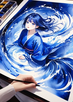 (girl:0.7),calligraphy whirlwind,(ultra-fine deep ultramarine water color painting),extremely delicated and beautiful,8K,(illustration Style),lacquerwork,