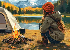 1girl  is wearing camping gear,illustration style,Camping,lakeside,extreamly delicate and beautiful,side Small_cozy bonfire on the ground,behind tent on the another ground,8K,(realistic:0.5),