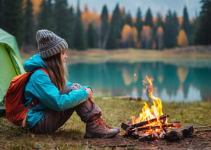 1girl  is wearing camping gear,illustration style,Camping,lakeside,extreamly delicate and beautiful,side Small_cozy bonfire on the ground,behind tent on the another ground,8K,(realistic:0.5),