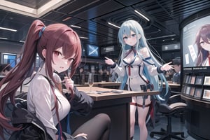 Create an image of a lively, intellectual interaction between two figures. One figure, representing Kurisu Makise, should have an air of confident intelligence, with a hint of playful sarcasm. The other figure male should reflect a curious, strategic thinker, engaged in a spirited exchange. The setting should be a futuristic laboratory . 