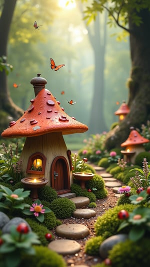 A whimsical fairy village scene: A mushroom-shaped fairy house with Bones,thatched roof and small windows, nestled among lush vegetation, wildflowers, and mossy stones. Fairy lights twinkle amidst miniature gardening tools and bird baths adorned with acorn hats. Butterflies and ladybugs flit about, as dew-kissed leaves and morning mist create a soft, dreamy atmosphere. Sunlight filters through the trees, casting a warm glow on the pastel-hued village, surrounded by enchanting forest backgrounds featuring intricate botanical details.