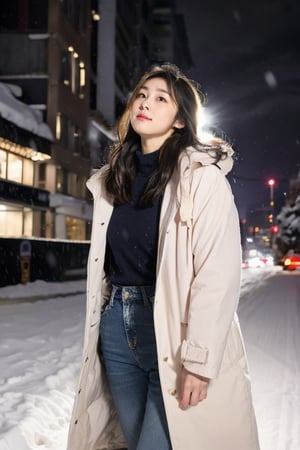 cute girl, long hair, fashion coat, pink winter coat, Jeans, standing looking up at the sky as snow is falling, winter night city, cloudy, 4K, ultra HD, RAW photo, realistic, masterpiece, best quality, beautiful skin, white skin, 50mm, medium shot, outdoor, half body, photography, Portrait, ,chinatsumura, high fashion, snowflakes, warm lighting