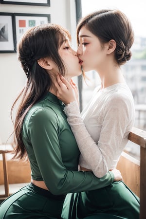 (RAW photo, best quality), (realistic, full body, photo-Realistic:1.1), best quality, masterpiece, ultra realistic illustration, siena natural ratio, (urban high school theme:1.1), (2girls, (right girl is Korean girl, pale  skin), (left girl is white girl, pale skin, brown hair, freckles), (( kiss each other )), lesbian kissing, lesbian intimacy, kissing, realistic, detail face, lips, lesbian, wearing acmmsayarma outfit,  acmmsayarma ((white top, long sleeves)), ((acmmsayarma dark green long skirt)),tribadism