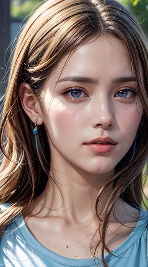 (best quality,masterpiece, photorealistic, highly detailed), a close-up portrait of 1 beautiful girl, in her 20s, (wearing a light blue tshirt), earrings, big breasts, beauttiful detailed faces, beautiful detailed eyes, realistic detailed skin texture, blonde long  wave hair, detailed hair, sharp focus,xxmix_girl,fantasy_princess,full body