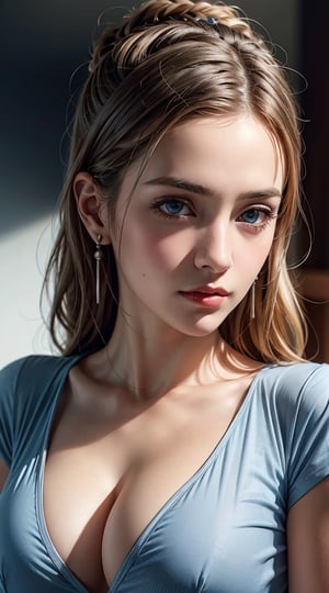 (best quality,masterpiece, photorealistic, highly detailed), a close-up portrait of 1 beautiful girl, in her 20s, (wearing a light blue tshirt), earrings, big breasts, beauttiful detailed faces, beautiful detailed eyes, realistic detailed skin texture, blonde long  wave hair, detailed hair, sharp focus,xxmix_girl,fantasy_princess,upper body